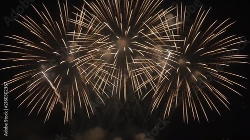 Grand Symmetrical Golden Firework Show Exploding in the Night Sky for Special Events