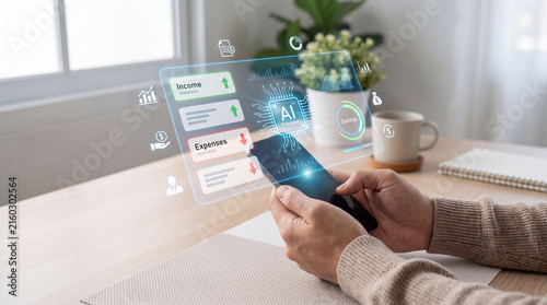 Artificial intelligence financial dashboard tablet supports digital analysis and income planning, while person reviews expenses, budget data, and growth indicators home with focused attention