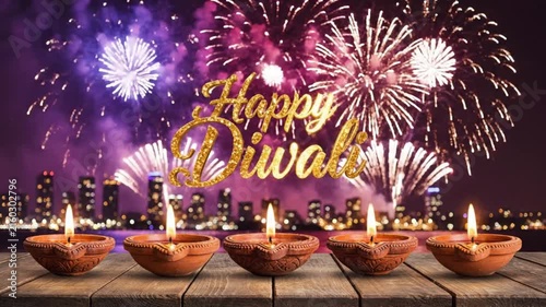 Happy Diwali Celebration with Illuminated Diyas, Fireworks and City Skyline Background