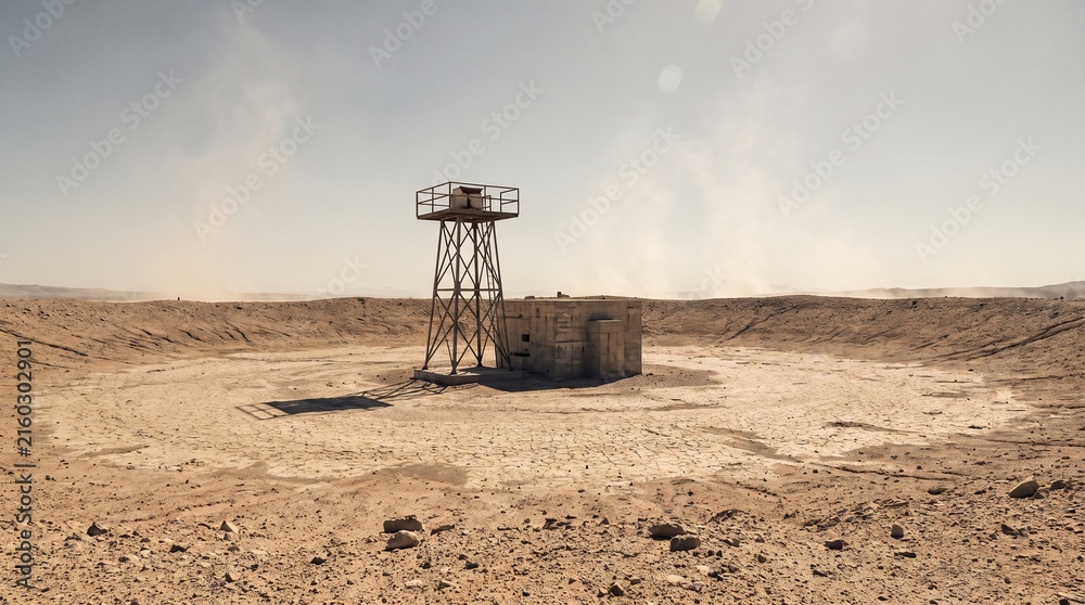 Naklejka premium Desolate arid desert landscape featuring a weathered observation tower and a secure bunker inside a large impact crater under a hazy sky
