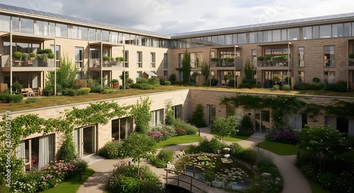 Sustainable modern apartment complex with green roof gardens and central courtyard pond