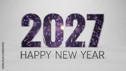 2027 Happy New Year Minimalist Animated Typography with Colorful Firework Bursts