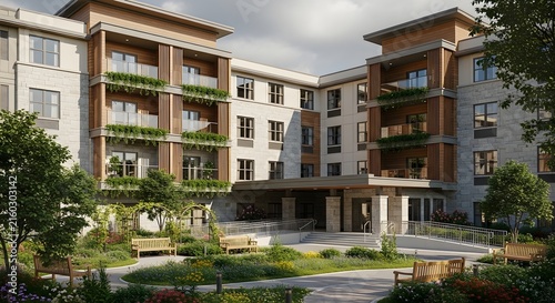 Upscale senior living residence featuring multi level balconies and courtyard park