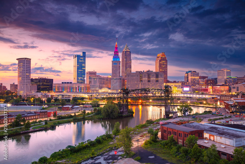 Cleveland, Ohio, USA. Aerial cityscape image of Cleveland, Ohio at beautiful summer sunset.