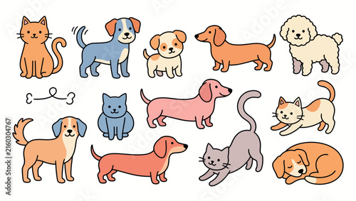 Cute cats and dogs, pets set. Abstract feline and canine breeds, funny colored characters. Furry big and small puppies, kitties in doodle style. Flat vector illustrations isolated on white background