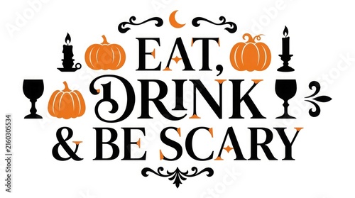 Watercolor halloween illustration with pumpkins candles wine and spooky lettering design