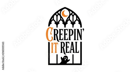 Creepin it real halloween typography design with black cat and gothic arch