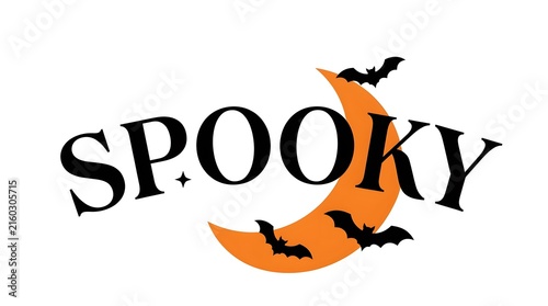 A festive halloween design featuring the word spooky written in black text with an orange crescent moon and bats