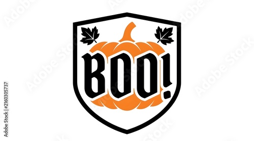 A festive halloween shield emblem featuring an orange pumpkin and the word boo written in bold black typography