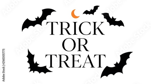 A festive halloween design featuring the words trick or treat surrounded by black flying bats on a white background