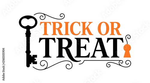 Decorative trick or treat text design featuring a vintage black key illustration isolated on a clean white background