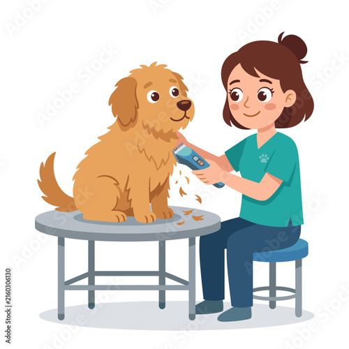 Young woman grooming a golden retriever dog with clippers  