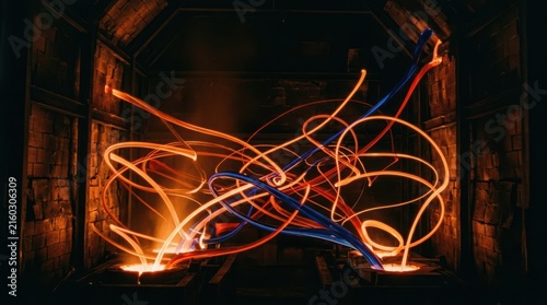 Abstract light painting with red and blue streams in industrial furnace.