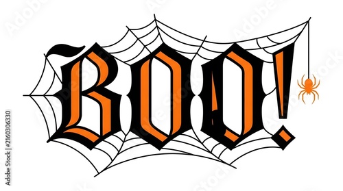 A festive halloween graphic featuring the word boo written in a spooky gothic font with spider webs and spiders