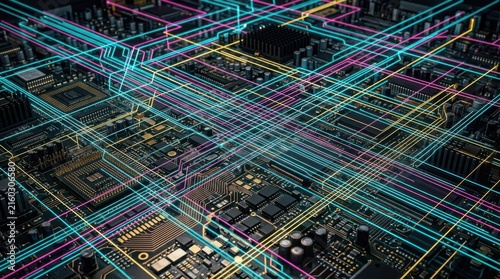 Circuit board background with colorful glowing data transmission lines.