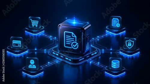 Glowing blue digital network connecting e-commerce icons representing secure online business transactions and data privacy.