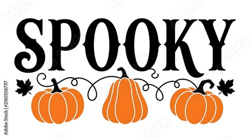 Decorative spooky text design with three orange pumpkins and fall leaves isolated on a clean white background for halloween
