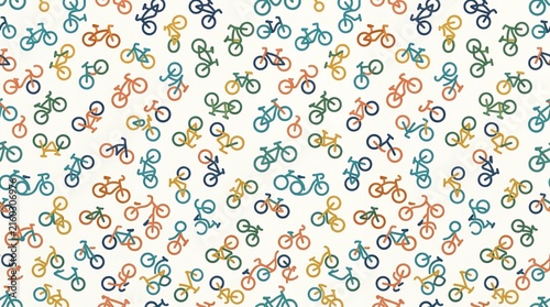 Colorful bicycle line art seamless pattern on white.