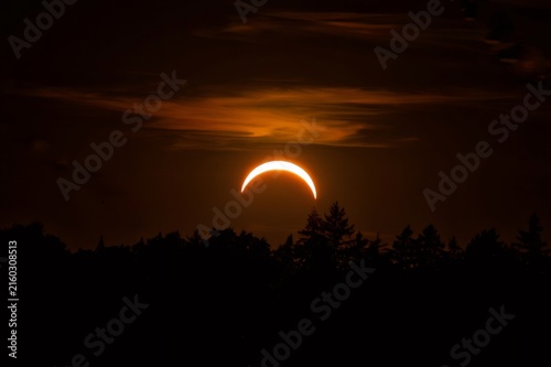 Partial solar eclipse crescent sun setting over forest