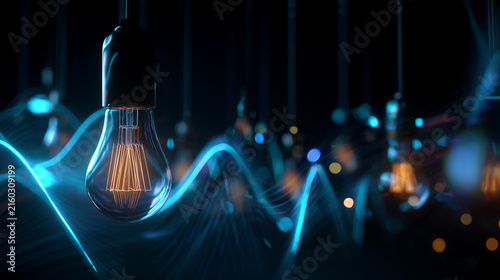 Single lit vintage light bulb hanging in darkness, surrounded by glowing abstract wavy blue light streaks, representing innovation, ideas, creativity, inspiration, and bright future.
