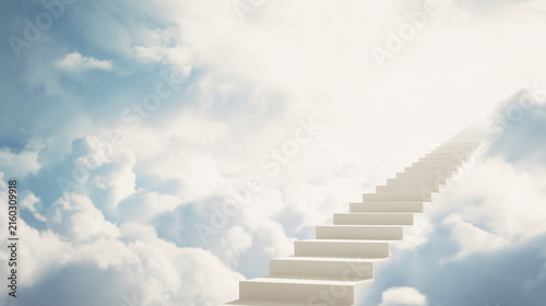 A dramatic view of a majestic white staircase stretching infinitely into the clouds, symbolizing personal growth and spiritual ascension