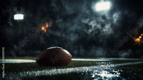 An American football placed on the grass field during a rainy night game, with bright stadium floodlights reflecting on the wet turf, creating a moody and cinematic sports scene.