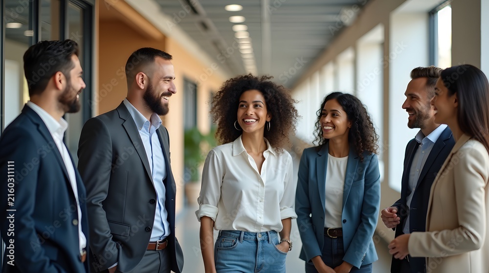 Fototapeta premium A diverse group of smiling professionals engaging in lively conversation in a modern office space.