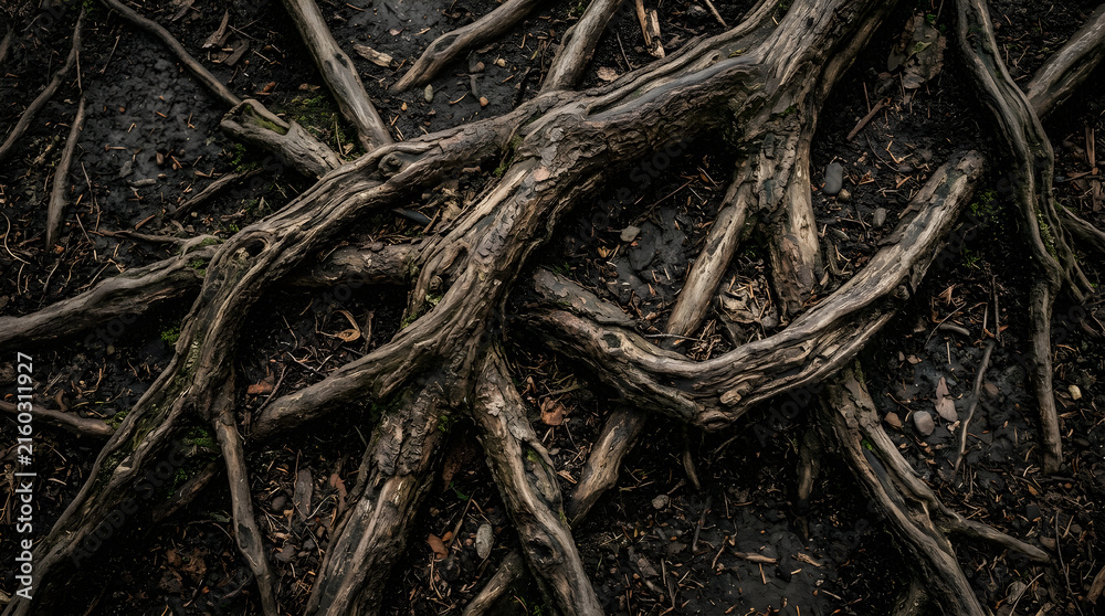 Fototapeta premium Intricate gnarled tree roots spreading across dark damp forest soil