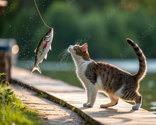Cat in the garden catches fish