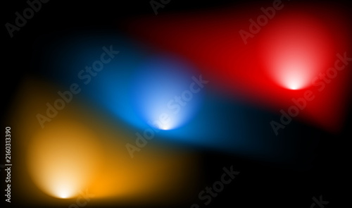 Abstract Colorful Light Beams, Red Blue Orange Glowing Spots, Dark Black Background, Soft Blurred Lighting, Vibrant Neon Illumination, Dramatic Light Effect