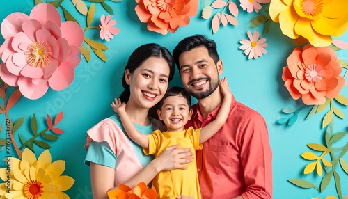Colorful Floral Family Celebration with Elegant Decorative Flowers and Joyful Festive Composition on Soft Turquoise Background