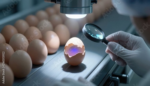 A close up examination of an egg under bright light and magnifying glass in a food processing environment