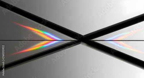 Abstract Geometric Background Featuring Dynamic Light Refraction and Prism Rainbow Color Streaks Across Sleek Metal Panels