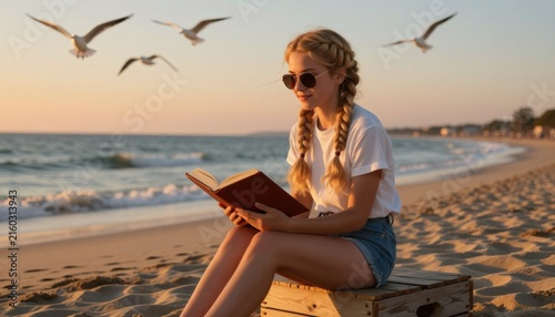 A young woman with beautiful braids and golden blonde hair reads a book on the beach as the sun sets in the background