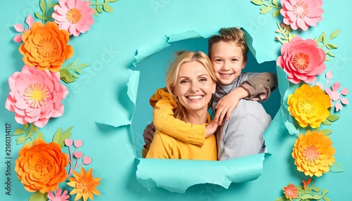 Colorful Floral Family Celebration with Elegant Decorative Flowers and Joyful Festive Composition on Soft Turquoise Background