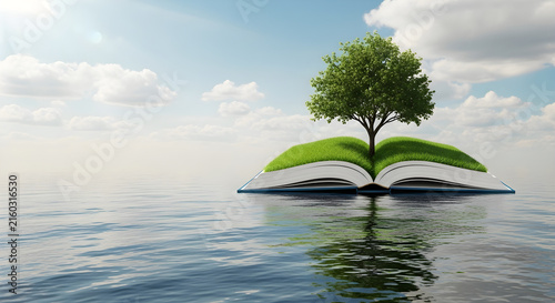 Open Book with a Growing Tree and Lush Green Grass Floating Above Calm Blue Water under a Bright Sunny Sky