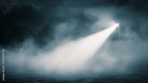 Dramatic lighthouse silhouette in heavy fog, piercing light beam cutting through dark night sky and sea mist, maritime security and guidance concept, moody photography.