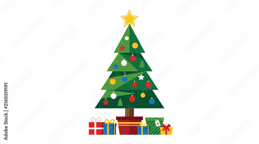 Fototapeta premium Christmas tree illustration decorated with colorful ornaments and wrapped gift boxes underneath isolated on a clean white background.