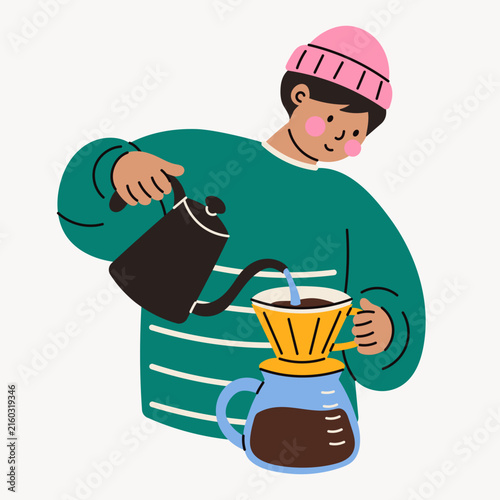 Foto Stylized vector illustration of a young man making pour-over coffee with a gooseneck kettle, dripper and glass carafe