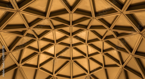 Symmetrical Golden Geometric Dome Structure Featuring Complex Triangular Architectural Framework and Modern Interior Ceiling Design Pattern