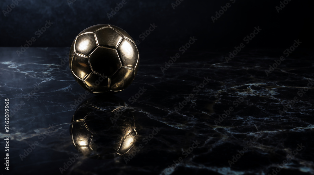 Naklejka premium A dark, moody composition featuring a classic golden soccer ball isolated on a reflective black marble surface, symbolizing elegance, sports prestige, and elite football championship glory.