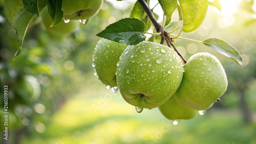 Bild auf Leinwand Fresh green apples with water droplets hanging on a tree branch agriculture vege