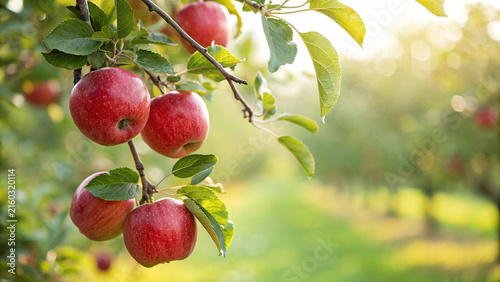 Photography Fresh red apples growing on tree branches in a sunny orchard with agriculture ga