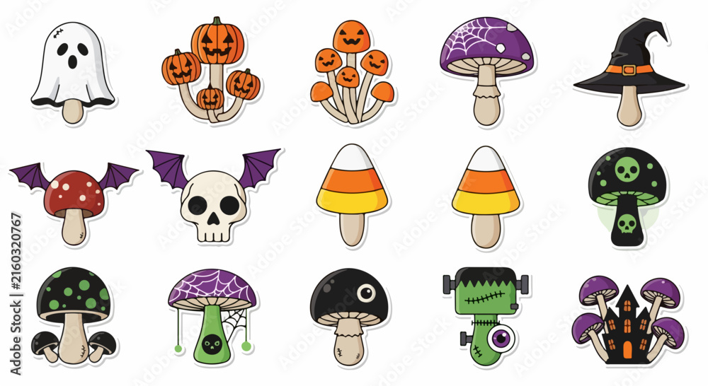 Naklejka premium Cute Halloween Mushroom Stickers Set Collection