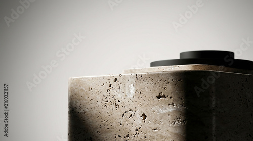 Minimalist concrete structure with geometric shapes, featuring textured surfaces and shadows, creating a modern and architectural aesthetic.
