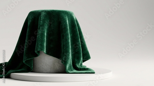 A concrete pedestal draped with a luxurious emerald green velvet cloth, hinting at a hidden reveal or presentation of a special object.
