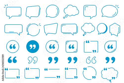 Quote mark vector icon set with black quotation symbols and typographic punctuation elements. Speech bubble outline collection featuring chat boxes, dialogue balloons and thought cloud shapes.