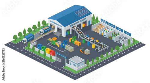 Recycling center with trucks, conveyor belt and sorted waste