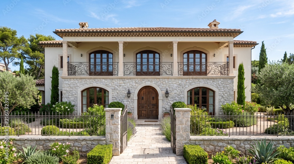 Obraz premium Luxury Mediterranean villa exterior, elegant stone house with arched entrance and balcony, architectural design of a grand residential property
