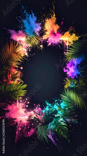 colorful tropical leaves and smokes on black background